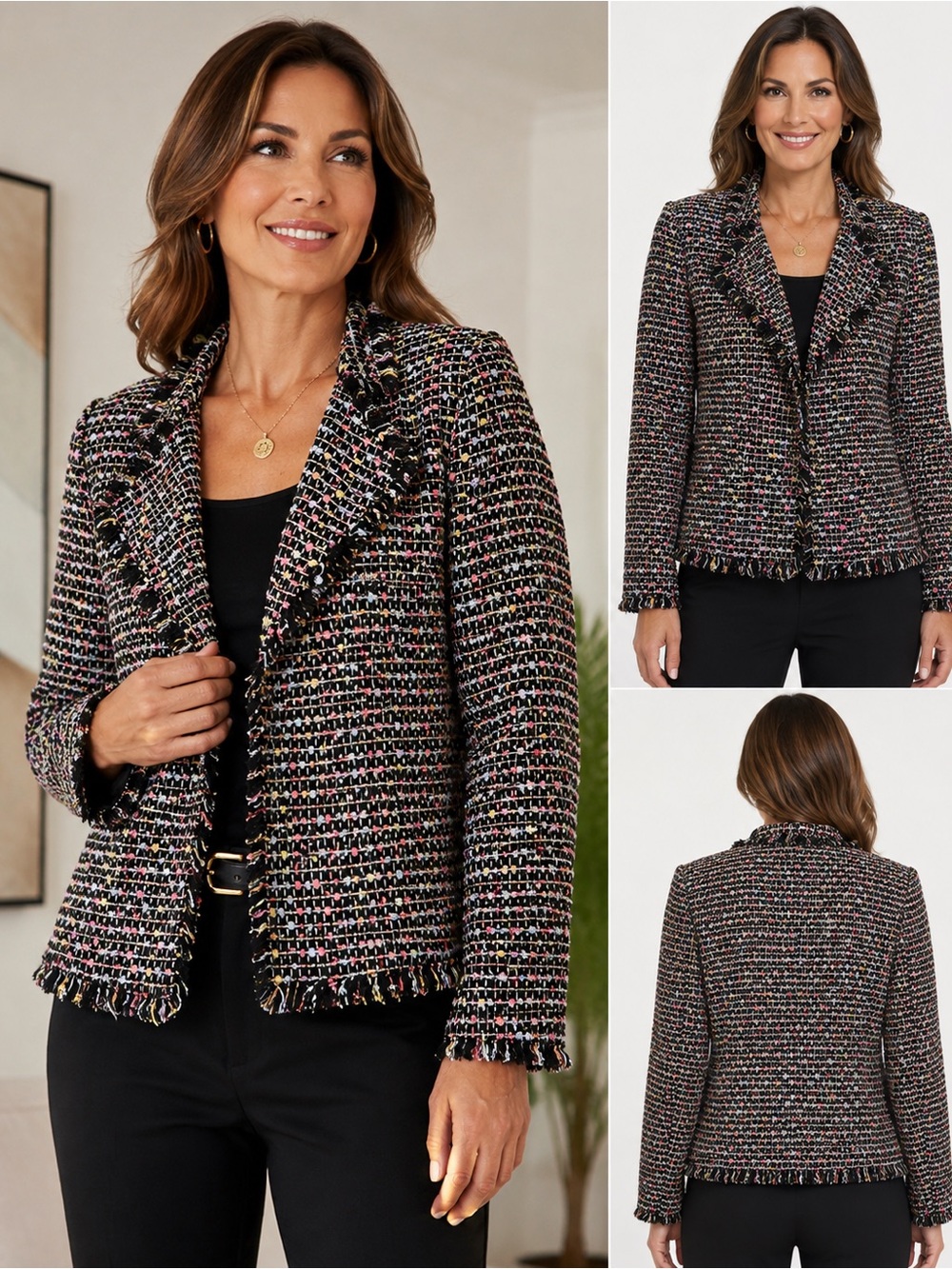 Carlucci Women’s Size 12 Tweed Blazer Jacket Multicolor Fringe Trim Chanel Style